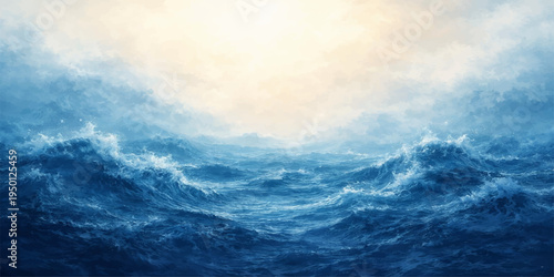 Abstract the boundless power of the ocean in this evocative landscape, where turbulent waves roll beneath a stormy sky. This stunning scene captures the raw energy of the sea.