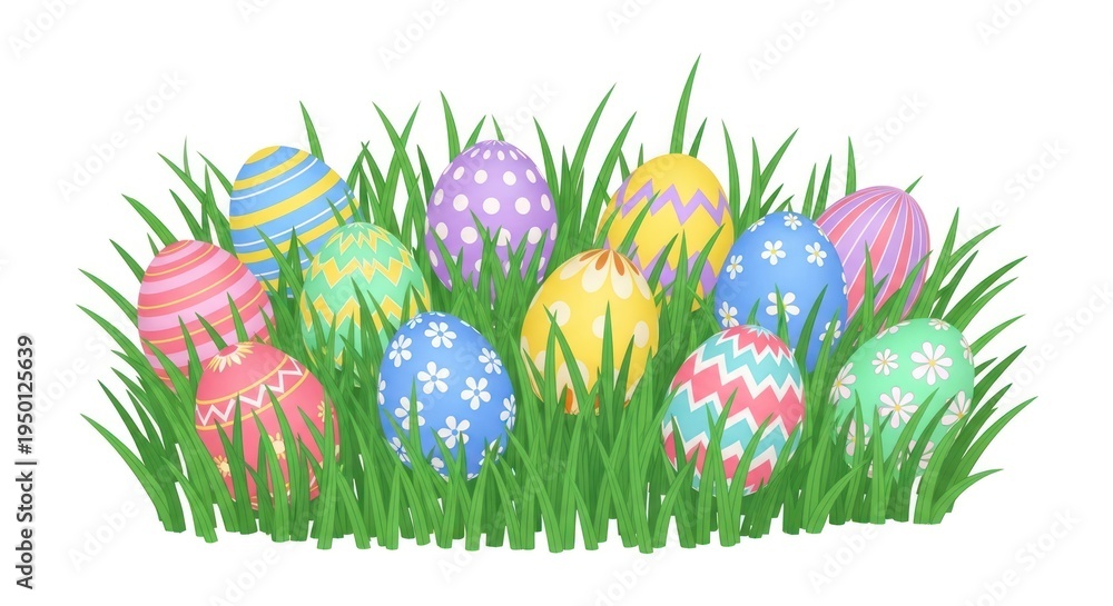 Fototapeta premium Colorful Easter Eggs Hiding In Green Grass For Spring Holiday Concepts Isolated on transparent white background
