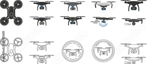 Drone quadcopter icon collection with aerial camera UAV flying technology devices flat vector illustration set