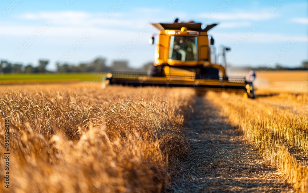 Naklejka premium Wheat Harvesting on a Clear Windy Day with Long Shadows in the Field
