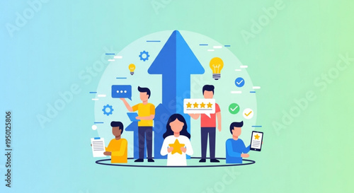 Diverse team collaborating around a growing concept with upward arrow and icons on colorful background