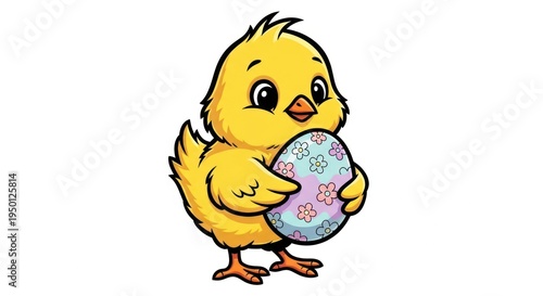 Cute Yellow Chick Holding Decorated Easter Egg For Spring Holiday Concepts Isolated on transparent white background