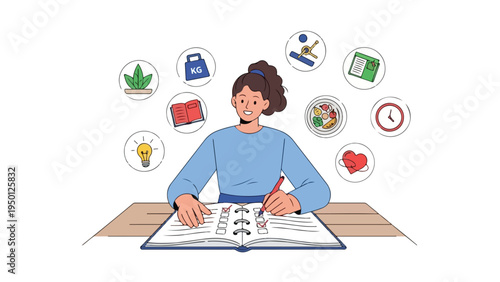 Illustration of a focused young woman sitting at a desk, writing in a notebook with various icons floating above her head, conveying a thoughtful and creative mood in a simple, flat style.