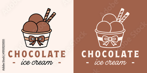 Chocolate ice cream paper cup logo homemade old fashioned cacao flavor scoop label packaging design. Girly coquette vintage aesthetic bowl with bow and wafer roll sticks outline drawing sticker print.