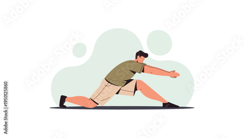 Illustration of a man in a lunge position with arms outstretched, against a green abstract background, wearing a green shirt and khaki shorts.