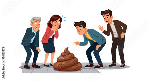 Four office workers in business casual attire reacting to a large pile of feces on the floor with a white background.