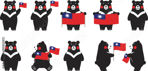 Cute black bear mascot holding Taiwan flag collection patriotic cartoon bear character flat vector illustration set