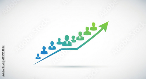 Business growth chart with people icons on green arrow symbolizing company expansion and success