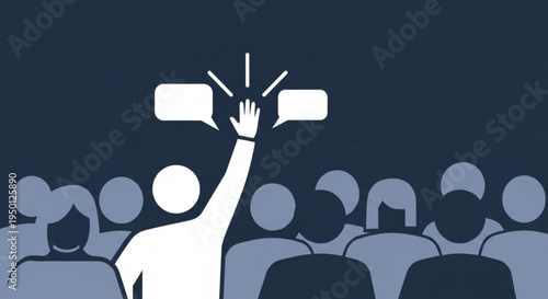 Person raising hand with speech bubbles in a crowd symbolizing questions or discussion in a meeting or presentation setting with a dark background