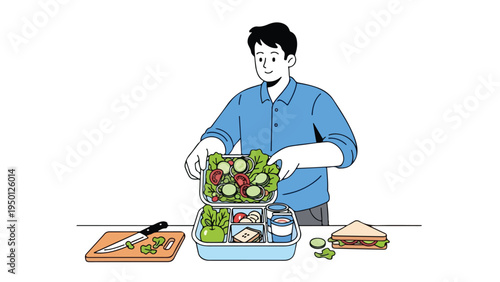 A man preparing a lunch box with vegetables and food on a table with a cutting board and sandwich.