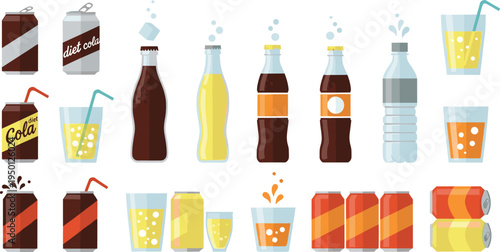 Soft drink and soda beverage collection with bottles cans glasses sparkling drinks flat vector icon set illustration