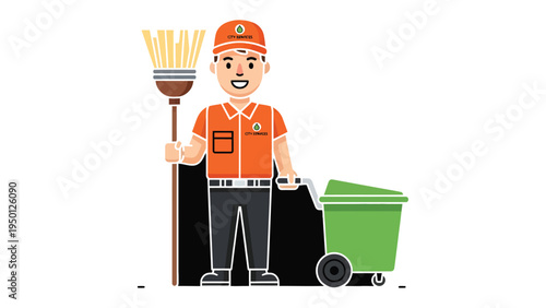 Urban Sanitation Specialist: An illustrated sanitation worker, embodies dedication, as he stands with his trusty broom and a waste container. Witness the unsung heroes of urban upkeep in action.