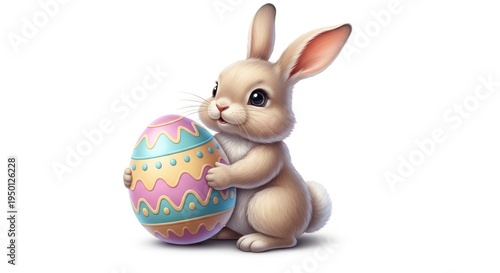 Cute Bunny Rabbit Holding Large Colorful Easter Egg For Holiday Concepts Isolated on transparent white background