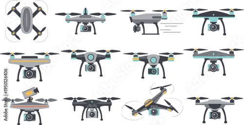 Drone quadcopter collection with camera aerial technology flying UAV devices remote control photography flat vector illustration set