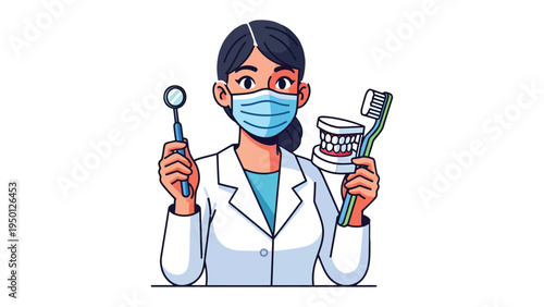 Dental Care Professional: A dedicated dental professional, donned in a protective mask and crisp lab coat, holding essential tools to highlight the significance of oral health.