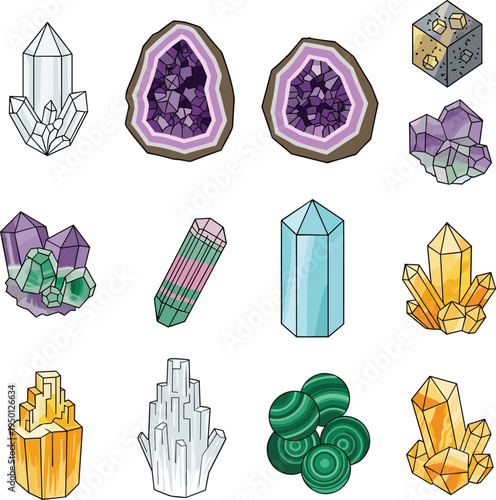 Crystal and Mineral Gemstone Illustration Set with Amethyst Geodes, Quartz Points, Citrine Clusters, Malachite Stones, and Various Geological Crystals Isolated for Jewelry and Geology Design