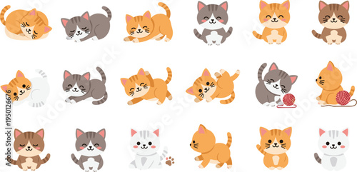 Cute cartoon kitten characters collection with playful poses sleeping sitting walking grooming cats flat style adorable pet vector illustration set