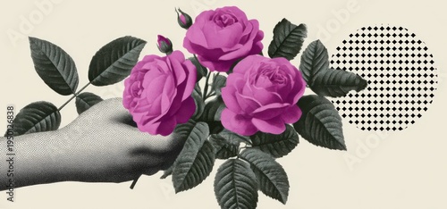 Halftone hand cradling a bouquet of pink roses evokes romance in vintage mixed media design.
