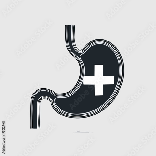 Conceptual illustration depicting a healthy human stomach with a prominent plus sign, symbolizing medical care, digestive well-being, and overall gastrointestinal health