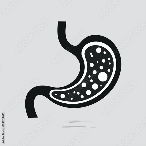 Minimalist black and white icon illustrating a human stomach experiencing digestive discomfort, bloating, or acid reflux, symbolizing common gastrointestinal health issues and internal organ problems