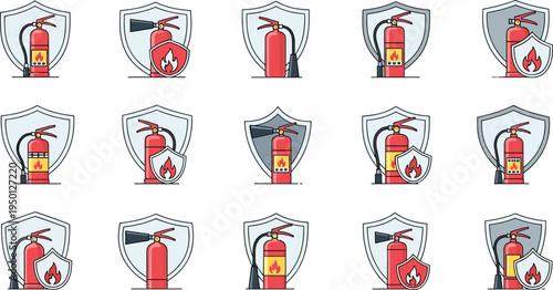 Fire Extinguisher with Shield and Fire Protection Symbols for Safety, Security, and Emergency Preparedness Designs