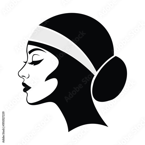 Black and white illustration of a womans head in profile view with a headband