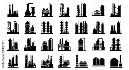 Collection of Industrial Plant and Factory Silhouettes for Design Projects.