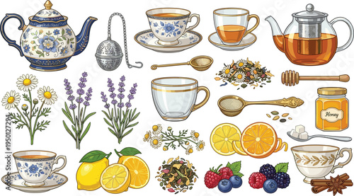 Herbal Tea Ingredients and Teaware Illustration Set with Teapot, Cups, Chamomile, Lavender, Lemon, Honey, and Berries for Tea Menu, Packaging, and Botanical Designs