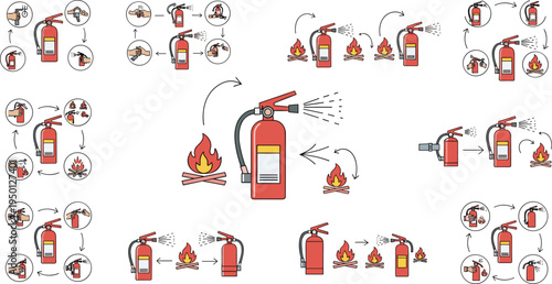Step-by-Step Fire Extinguisher Use Illustrations for Fire Safety, Emergency Procedures, and Safety Awareness Designs