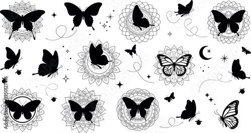 Decorative butterfly silhouettes with mandala frames stars moon and dotted flight paths mystical boho style vector illustration set