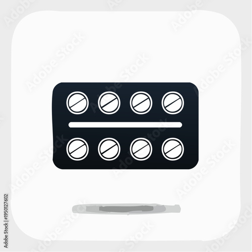 A dark colored blister pack containing eight round white pills, viewed from directly above with a slight shadow