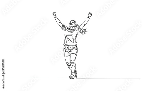 Continuous single one line art drawing of football soccer player woman celebrating victory success goal on competition.