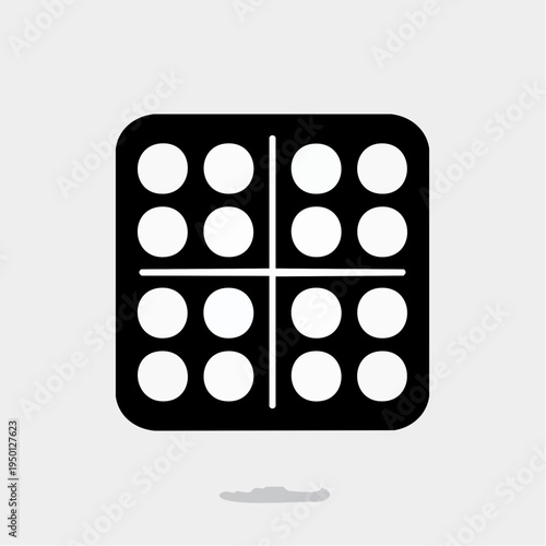 Simple black and white illustration of a twelve-dot tic-tac-toe grid with a rounded square border, symbolizing strategy and gameplay, presented on a light gray background with subtle shadow