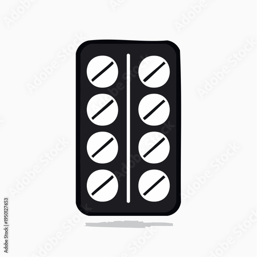 Eight white pills in a black blister pack, depicted in a minimalist, hand-drawn illustration style