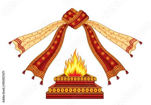 Traditional indian wedding fire pit with decorative cloth isolated on transparent background