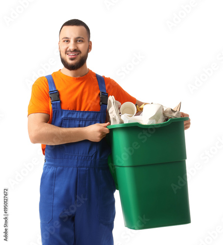 Quadro em tela Male scavenger with full trash bin on white background