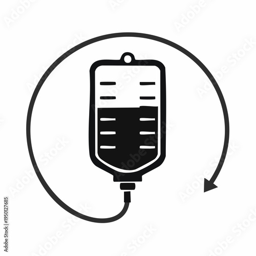 Graphic symbol of an IV drip bag with a circular arrow, representing medical fluid administration, blood transfusion, or donation process, essential for patient care and therapeutic treatment