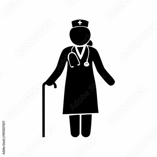 A Silhouette Icon of a Female Nurse Holding a Cane and Wearing a Stethoscope Symbolizing Care and Medical Assistance