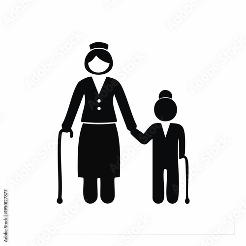 Caregiver assisting an elderly person with a walking cane, a supportive graphic symbolizing dedicated elder care, healthcare, and compassionate companionship for seniors