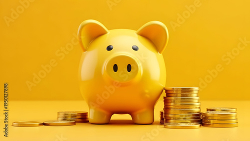 Yellow piggy bank and golden coins on yellow background. Saving money concept. Banking investment, finance business
