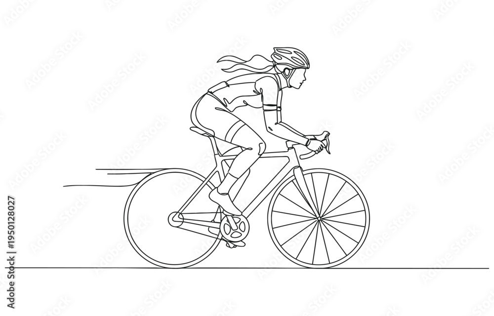 Fototapeta premium Single one line drawing young energetic woman bicycle racer focus train her speed at training session. 