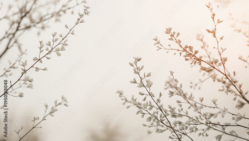 Obraz premium Showing thin woody branches bearing pale oval leaves, leaf buds in garden, with warm flare bokeh