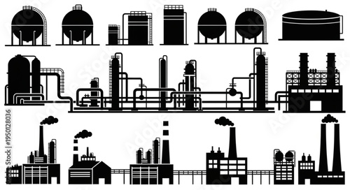 Silhouette of Industrial Plants and Storage Tanks for Energy Production.
