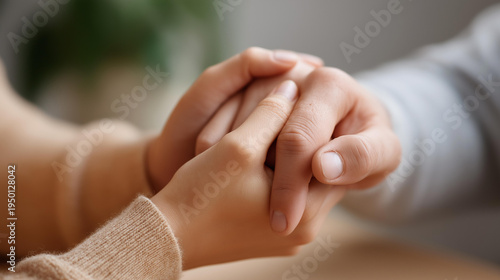Faceless person's hand gently holding the hand of someone with mental health struggles, supportive and warm touch, defocused neutral interior behind, mental health helping hand, unrecognizable