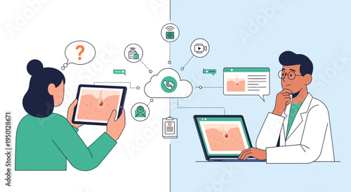Telemedicine consultation between a patient using a tablet and a doctor using a laptop, connected via cloud services and medical icons.