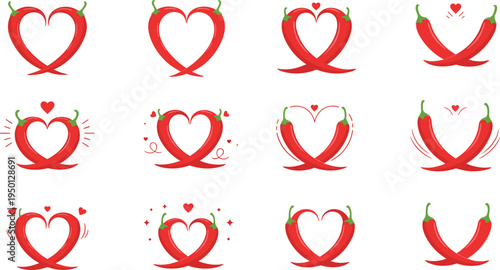 Chili pepper heart shapes collection spicy love symbol food concept flat vector illustration set