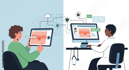Patient using a tablet to show a skin condition to a doctor via telehealth, illustrating digital health and remote medical consultation.
