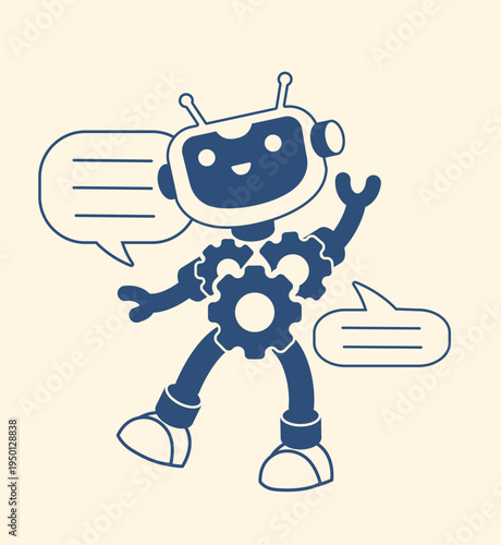 Friendly AI chatbot with speech bubbles, ready to assist. Cute cartoon design perfect for customer service, communication tech, virtual assistants, and conversational AI concepts.