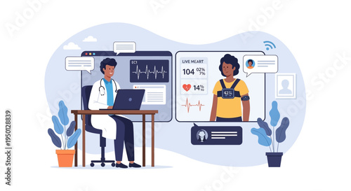 Doctor consulting with a patient remotely via a video call, monitoring vital signs and heart rate on a digital interface.