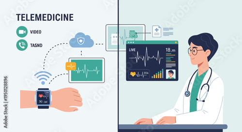 Telemedicine concept illustration showing remote patient monitoring and doctor consultation via digital devices.